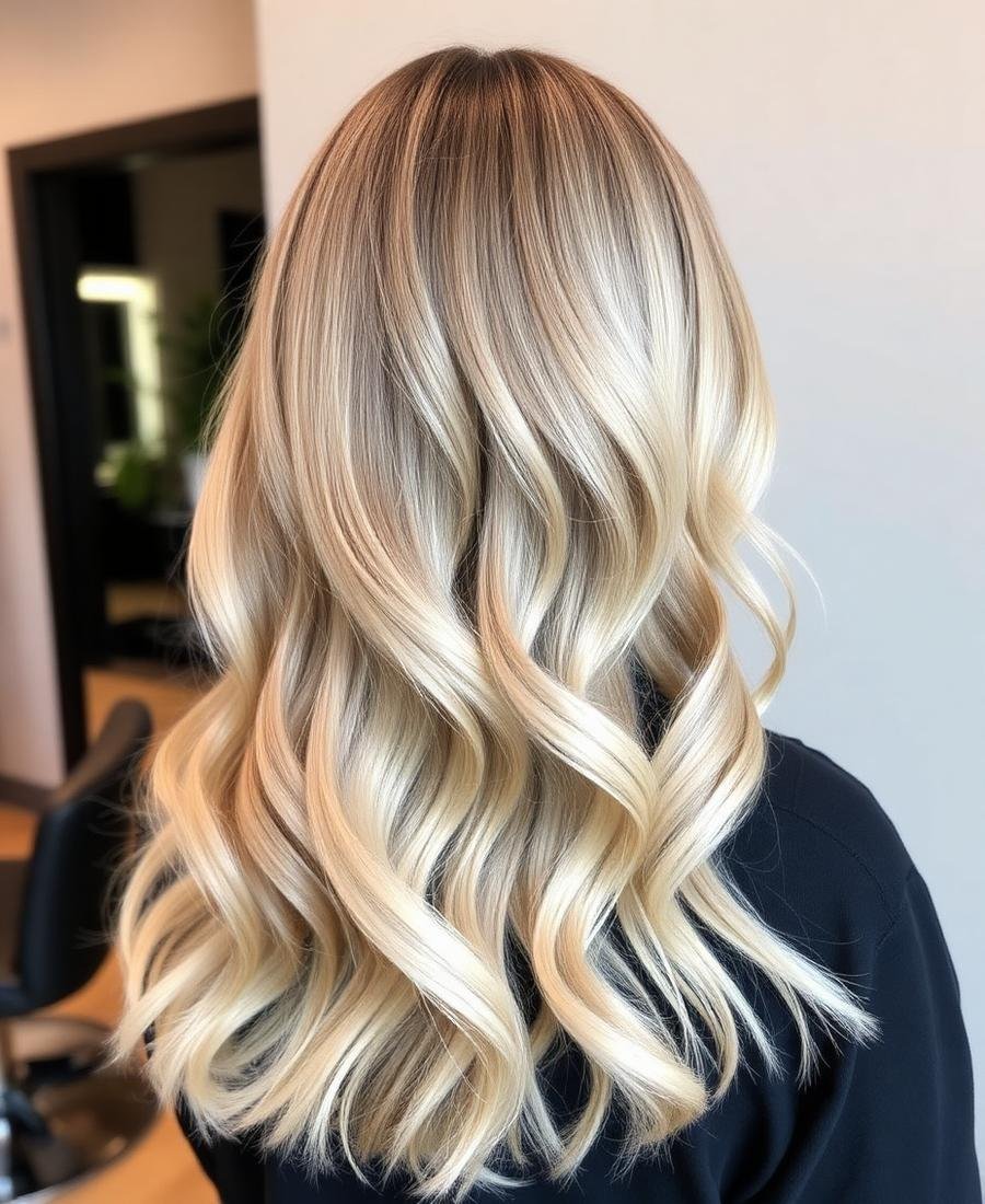 Soft blonde balayage with beach waves