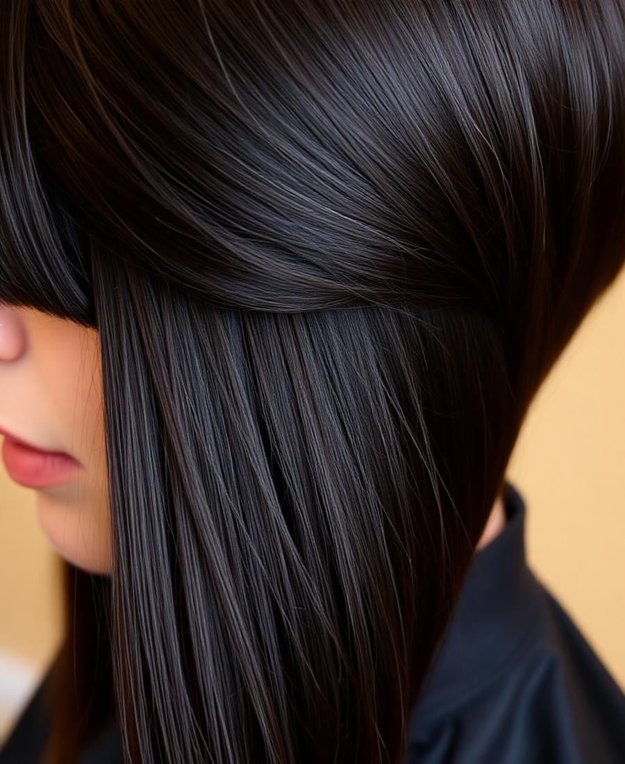 Glossy dark brown blunt cut styled at Luna Beauty Studio