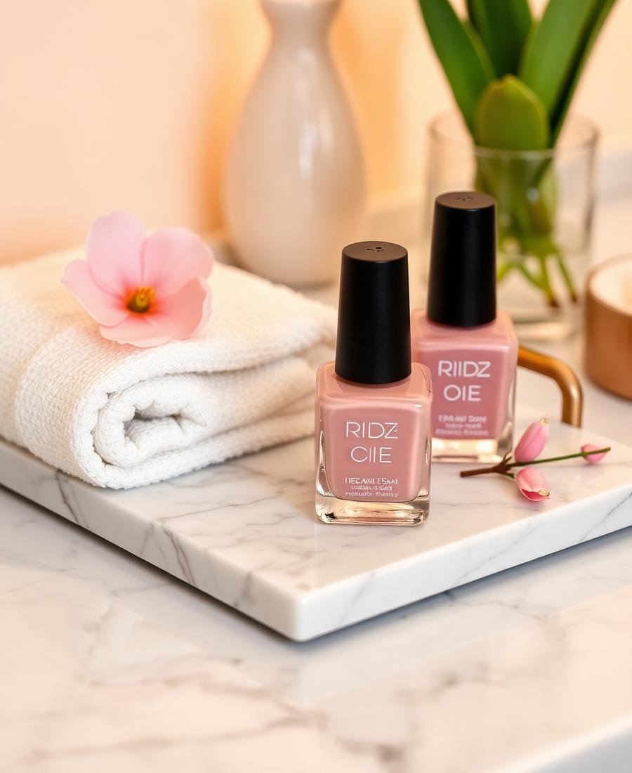 Nude and blush nail polish on a marble tray