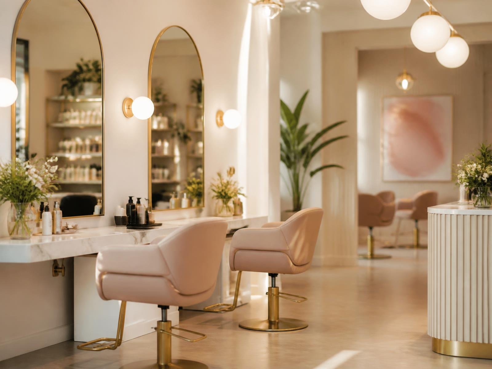 Luna Beauty Studio styling floor with arched mirrors and blush chairs